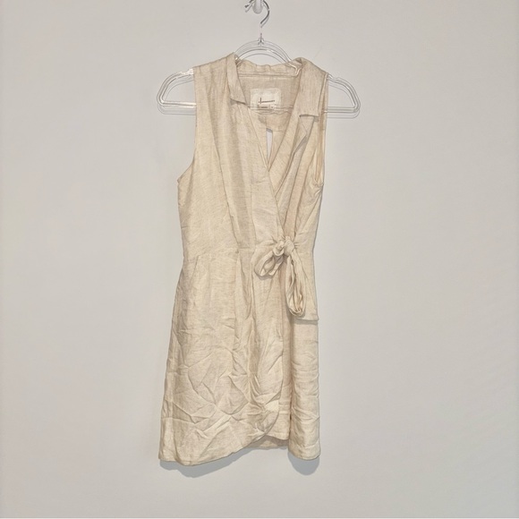Anthropologie Linen Wrap Mini Dress Cream Tan size medium - Picture 3 of 9